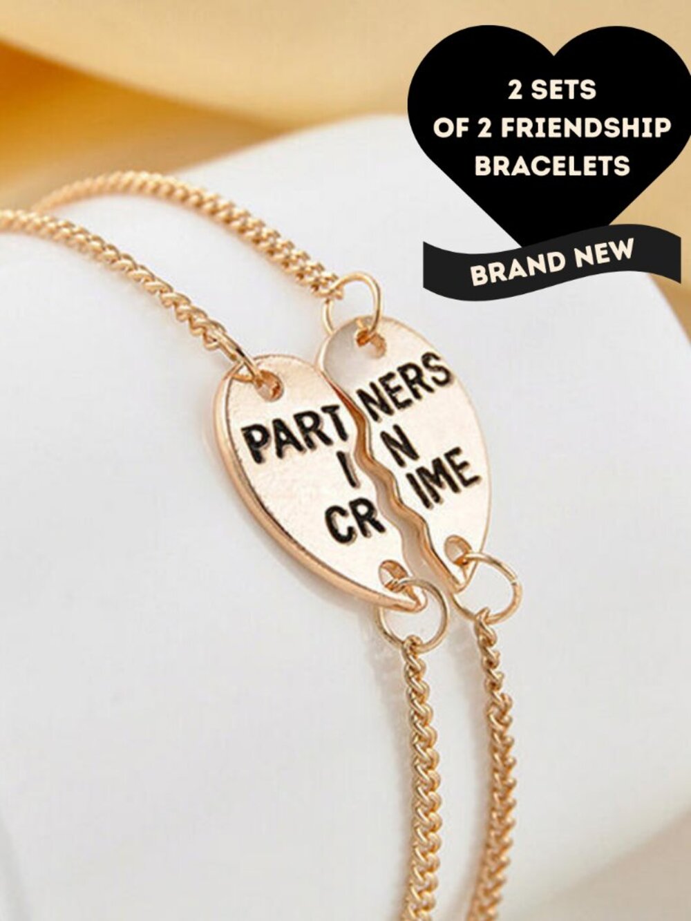 TWO Sets of 2 (4) Gold Plated Friendship Couples Bracelets Partners in Crime